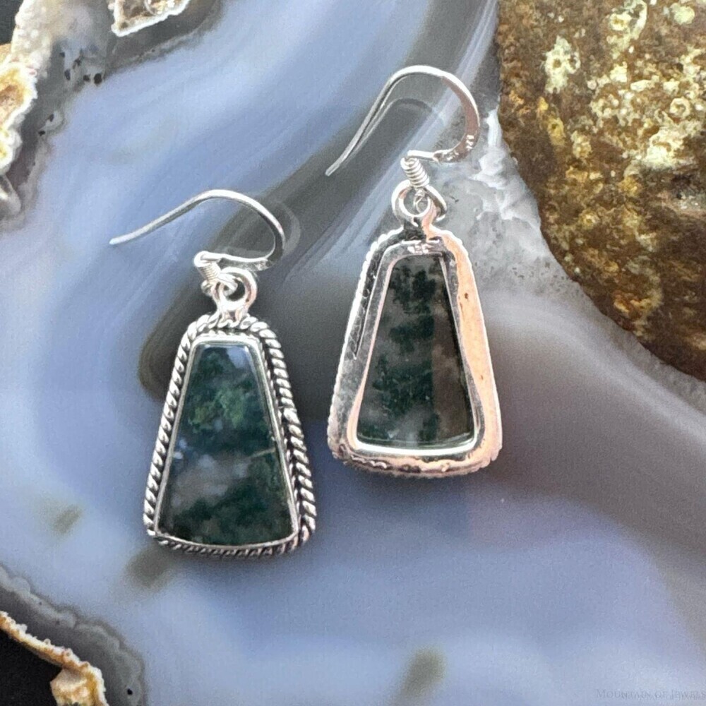 Sterling Southwestern Style Trapezoid Moss Agate Dangle Earrings For Women - Picture 7 of 10